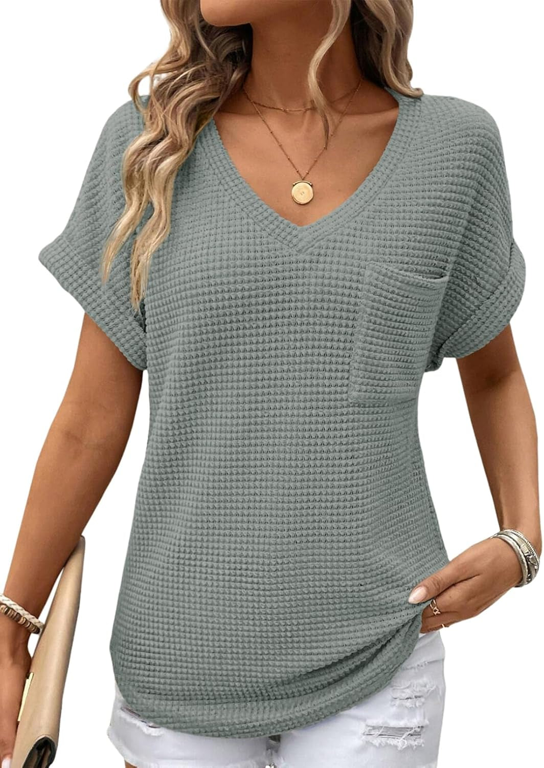 Womens Waffle Knit Tops 2026 Spring Summer V Neck Shirts Casual Trendy Women'S Blouses Basic Tee