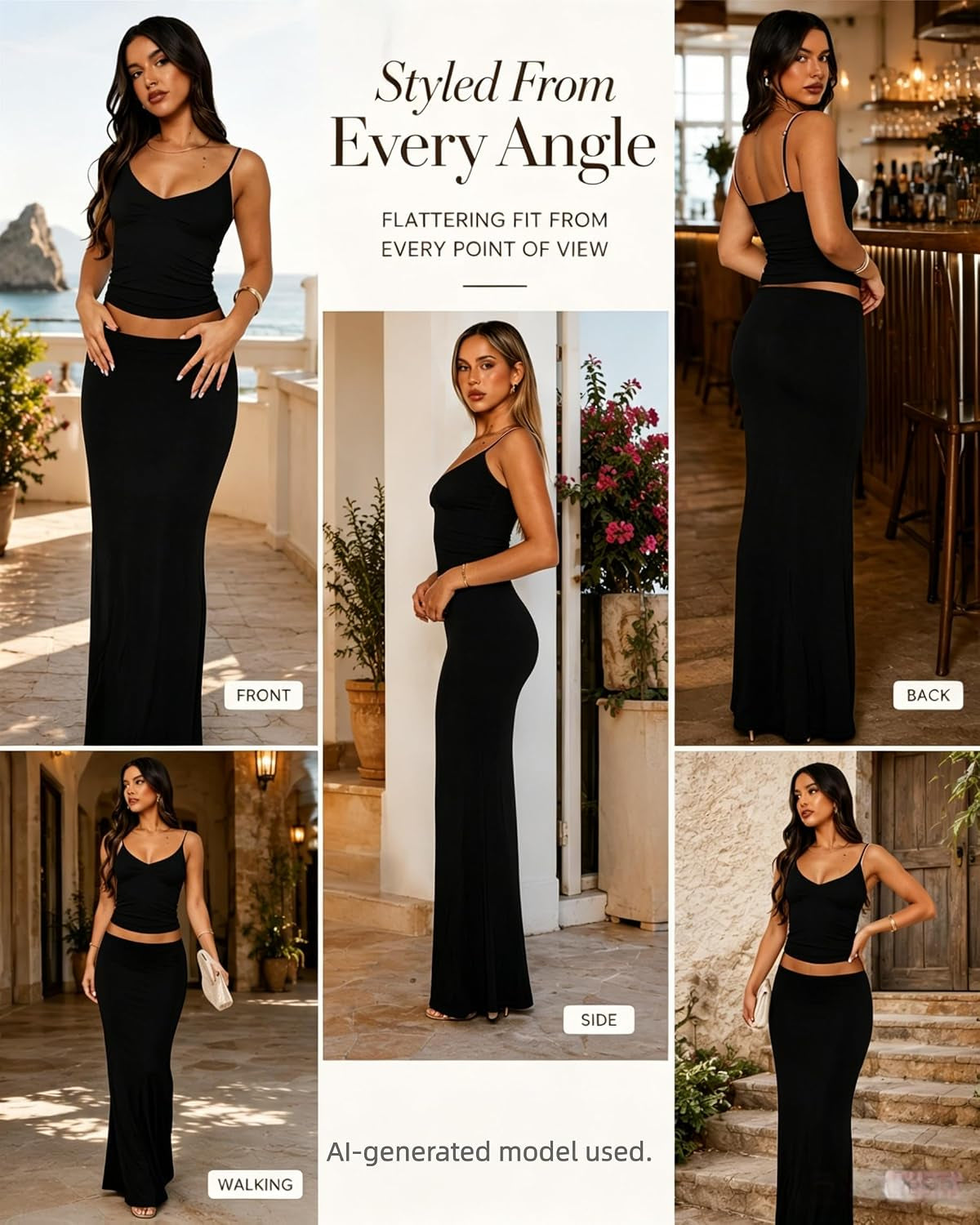 Two Piece Skirt Set for Women - Sexy Sleeveless Spaghetti Strap Pleated Tank Top Maxi Long Skirts Sets