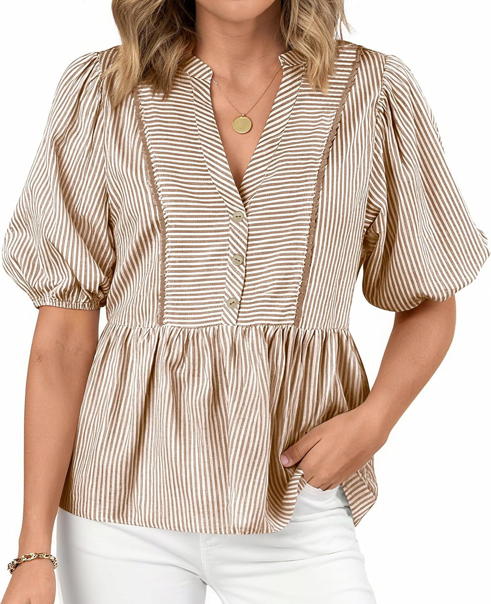 Womens Summer Tops 2026 Fashion Lantern Short Sleeve V Neck Button Peplum Shirts Spring Stripes Babydoll Blouses