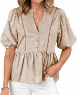 Womens Summer Tops 2026 Fashion Lantern Short Sleeve V Neck Button Peplum Shirts Spring Stripes Babydoll Blouses