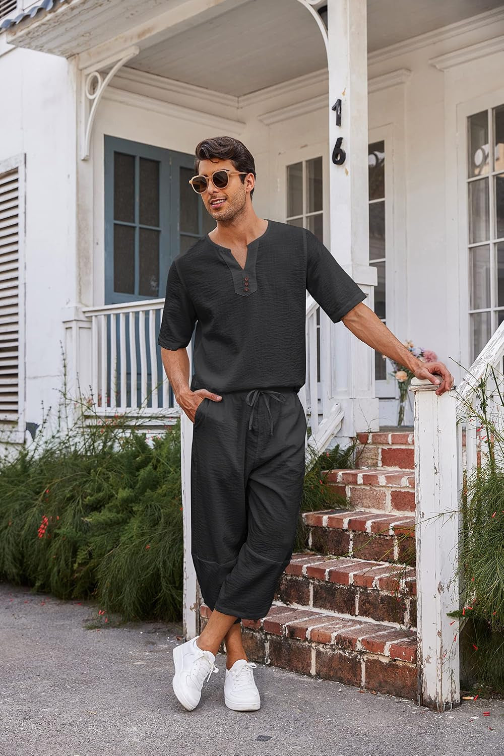 Men'S 2 Pieces Linen Set Henley Shirt Short Sleeve and Harem Capri Pants Wide Leg Baggy Beach Yoga Trousers Outfits