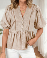 Womens Summer Tops 2026 Fashion Lantern Short Sleeve V Neck Button Peplum Shirts Spring Stripes Babydoll Blouses