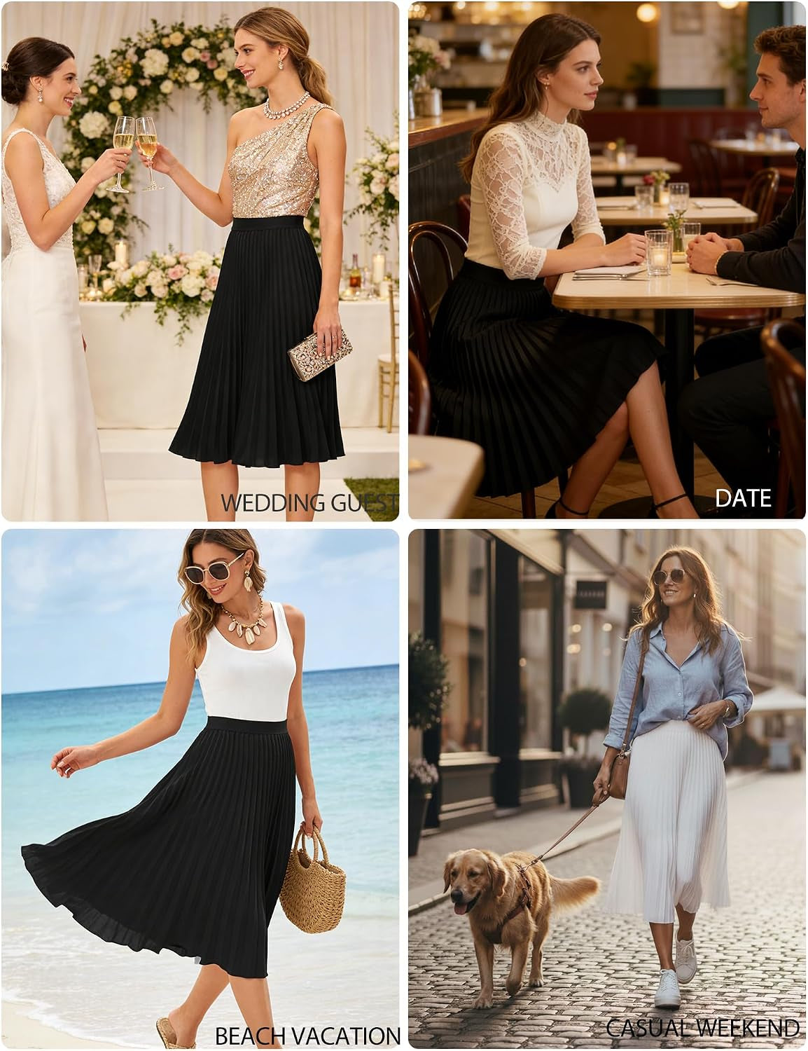 Pleated Midi Skirt for Women,Chiffon Elastic High Waist Knee Length Skirts,Swing Flare A-Line Outfits