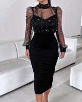 CHICME Women'S Sexy Bodycon Midi Dress Mock Neck Long Sleeve Sheer Dresses Beaded Night Club Party Dresses