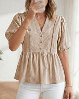 Womens Summer Tops 2026 Fashion Lantern Short Sleeve V Neck Button Peplum Shirts Spring Stripes Babydoll Blouses