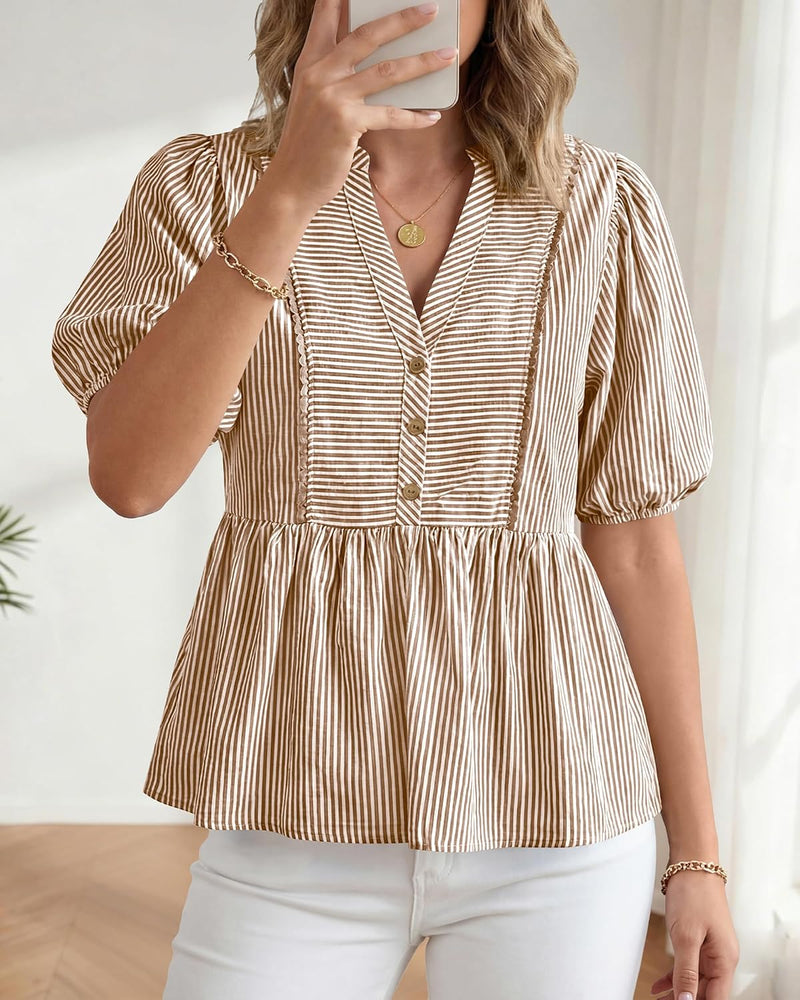Womens Summer Tops 2026 Fashion Lantern Short Sleeve V Neck Button Peplum Shirts Spring Stripes Babydoll Blouses
