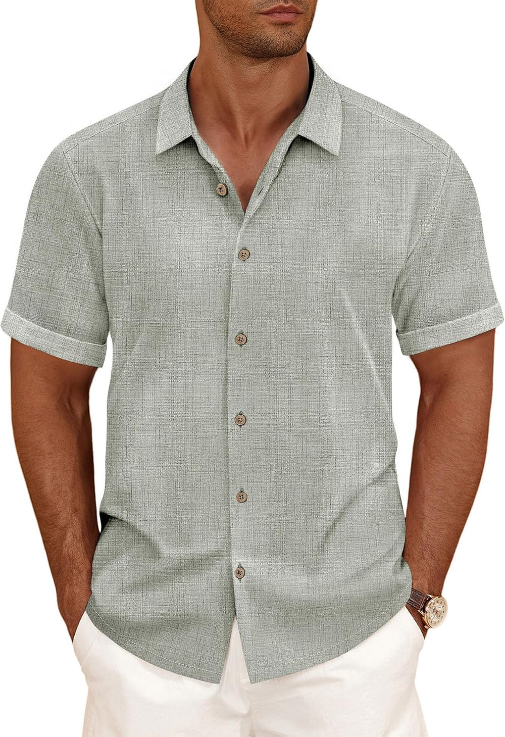 Linen Blend Shirts for Men Casual Short Sleeve Button down Shirt Cool Summer Beach Wedding Vacation Tops