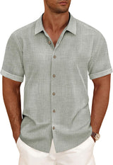 Linen Blend Shirts for Men Casual Short Sleeve Button down Shirt Cool Summer Beach Wedding Vacation Tops