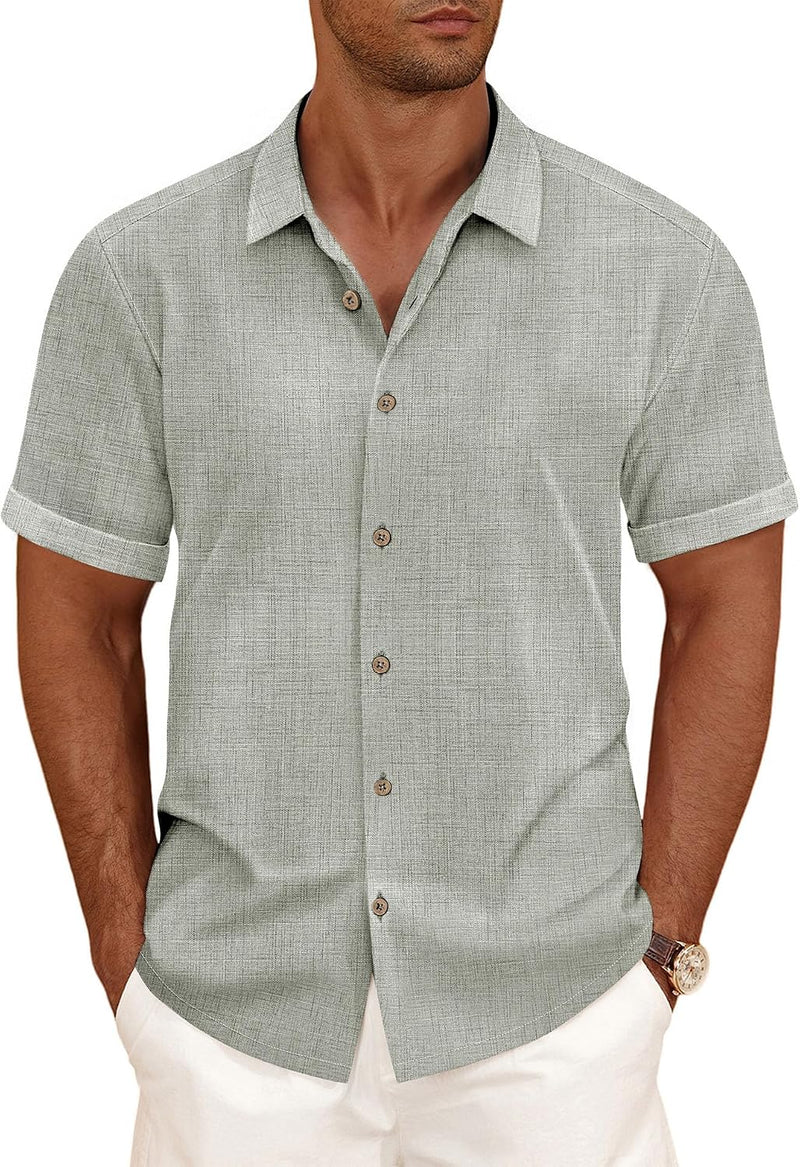 Linen Blend Shirts for Men Casual Short Sleeve Button down Shirt Cool Summer Beach Wedding Vacation Tops