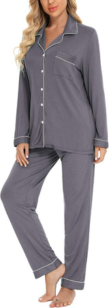 Pajamas Set for Women Long Sleeve Sleepwear with Pocket Soft Button down Shirt Long Pants Pj Lounge Sets S-XXL