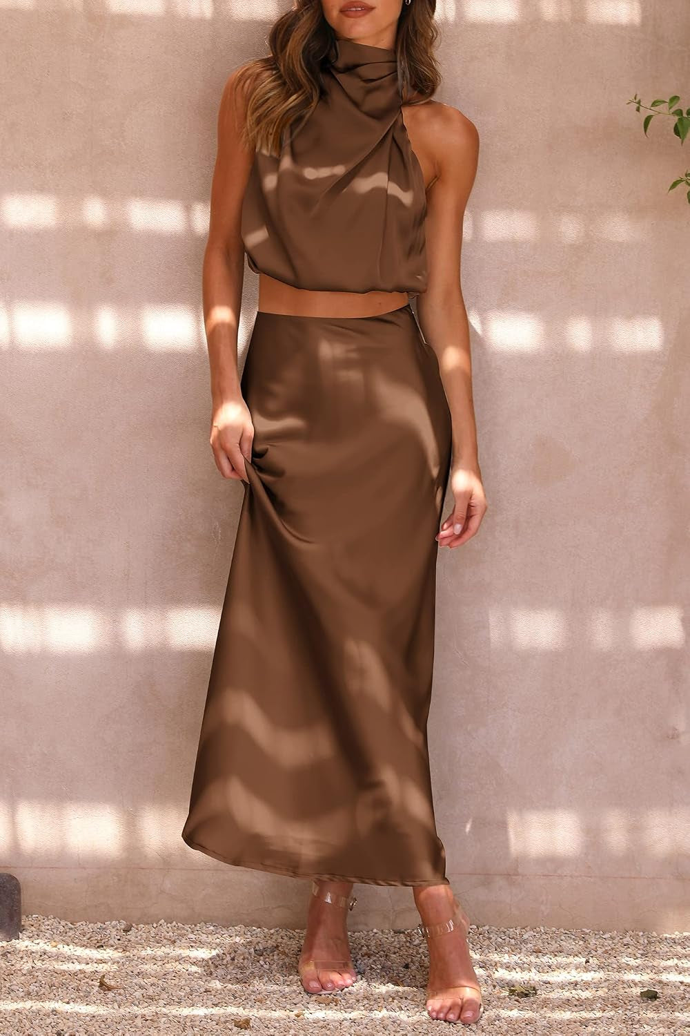 Women'S 2 Piece Satin Outfits Summer Sleeveless Mock Neck Crop Tops and Long Skirt Dress Sets