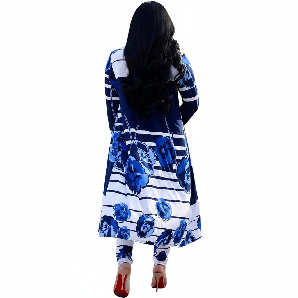 Womens Two Piece Outfits Jumpsuits Print Clubwear Long Sleeve Open Kimonos Cardigan Pants Sets Blue M
