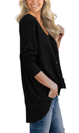 Womens Loose Blouse Long Sleeve V Neck Button down T Shirts Tie Front Knot Casual Tops Black S