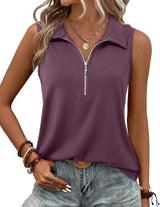 Womens Ribbed Tank Top Zipper V Neck Dressy Casual Blouses Sleeveless Camisole Tops Work Tank Polo Shirts