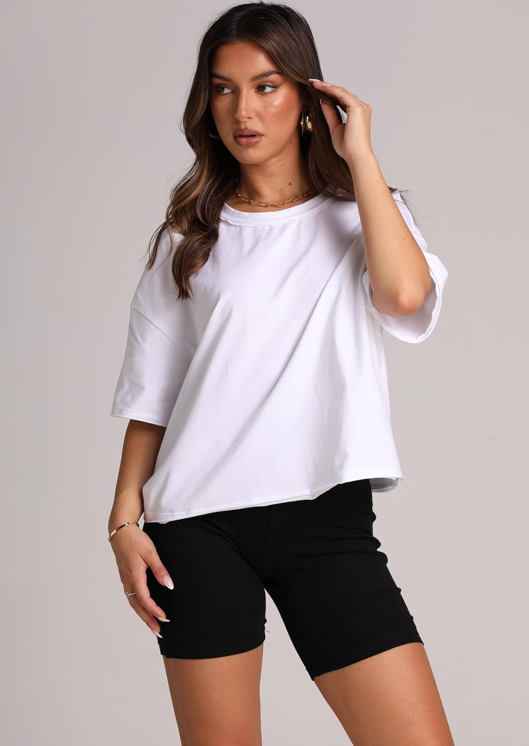 Cotton Tshirts for Women Drop Shoulder round Neck Oversized Crop Tops Workout Tops Tees