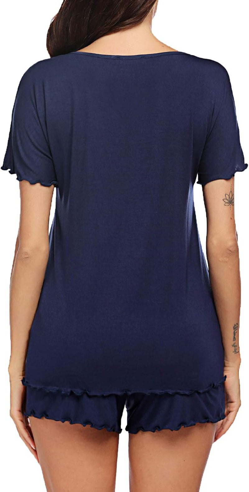 Women'S Summer Cotton Pajamas Set Tops and Shorts Sleepwear (Navy Blue L)