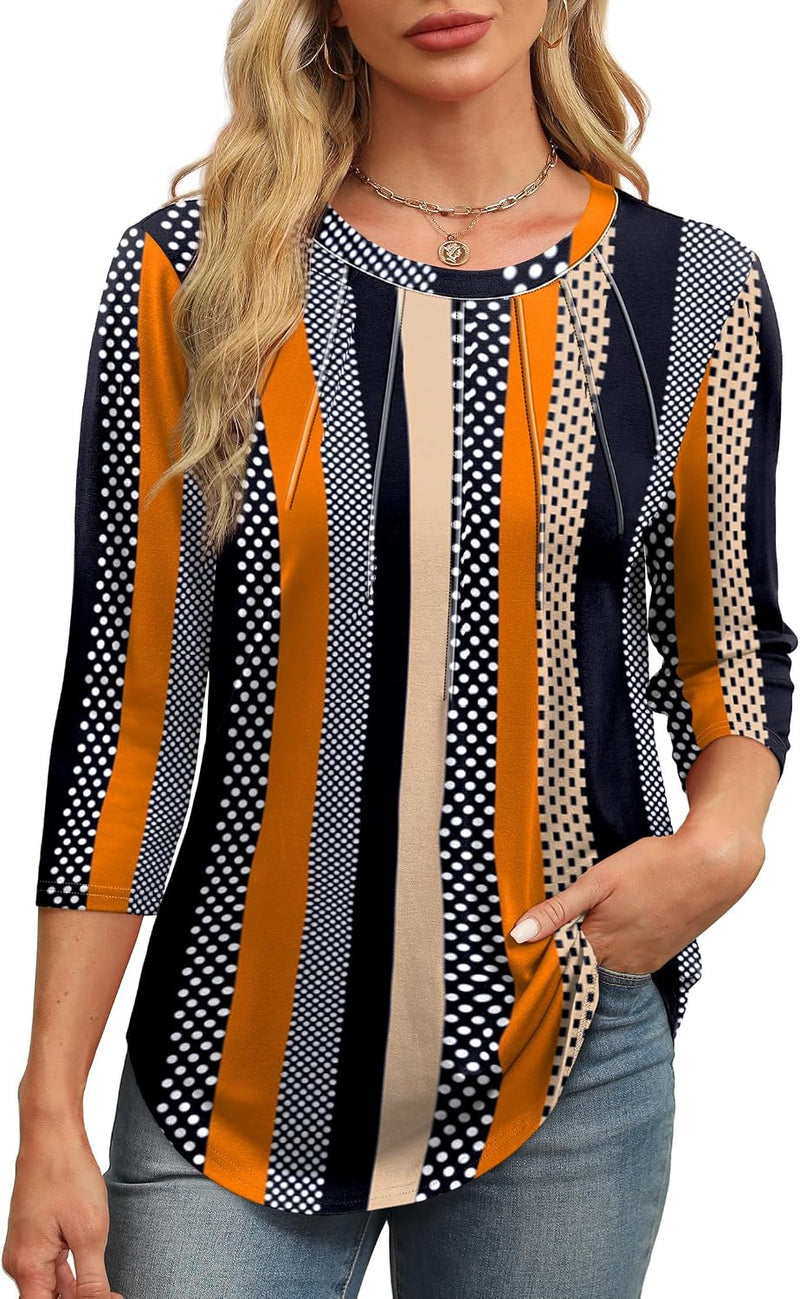 3/4 Length Sleeve Womens Tops round Neck Casual Tunic Tops Basic Pleated Shirts Loose Fit 2026