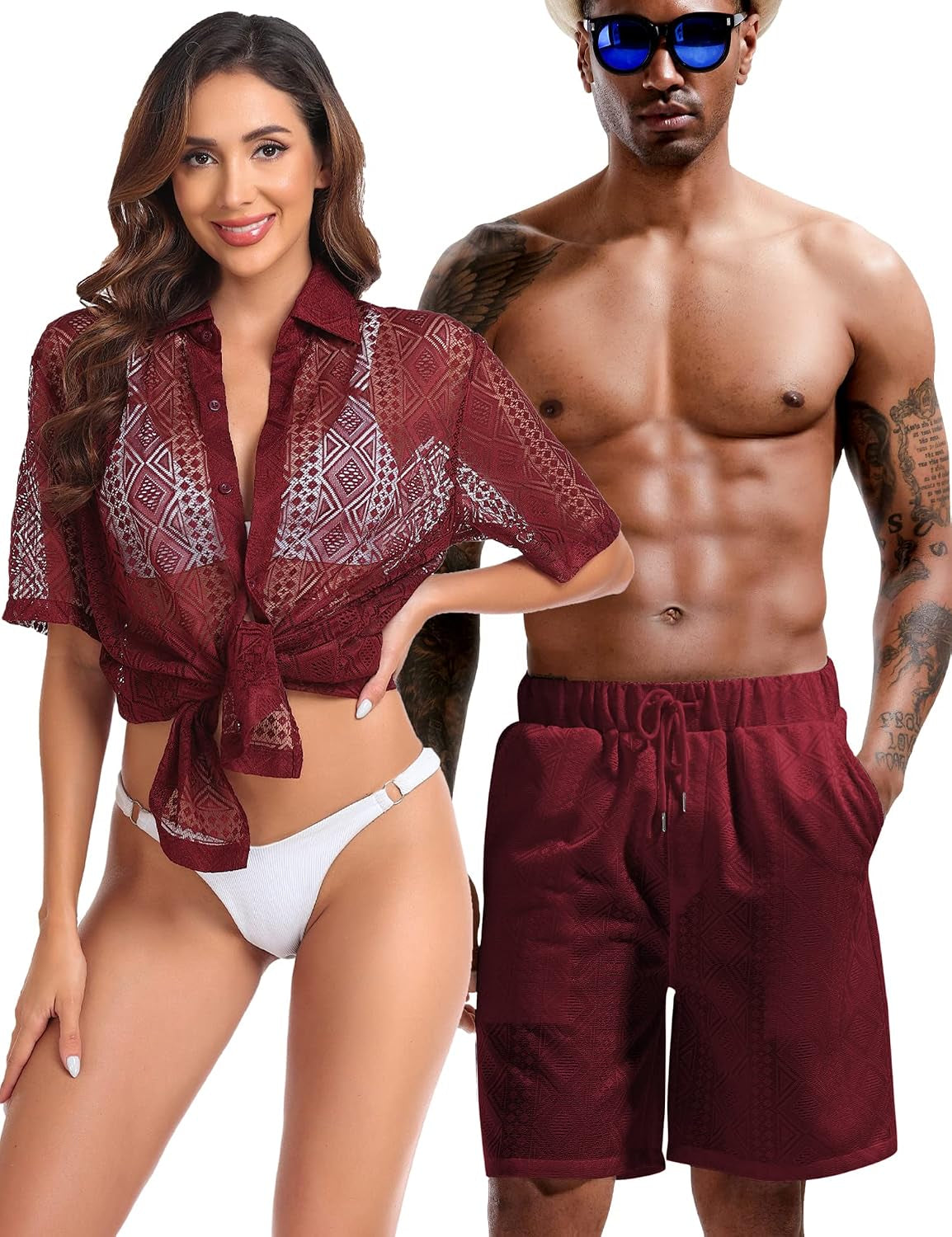 Men Summer Casual Short Sets Lace Short Sleeve Button down Shirt Elastic Waist Shorts 2 Piece Outfits Tracksuit