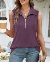 Womens Ribbed Tank Top Zipper V Neck Dressy Casual Blouses Sleeveless Camisole Tops Work Tank Polo Shirts