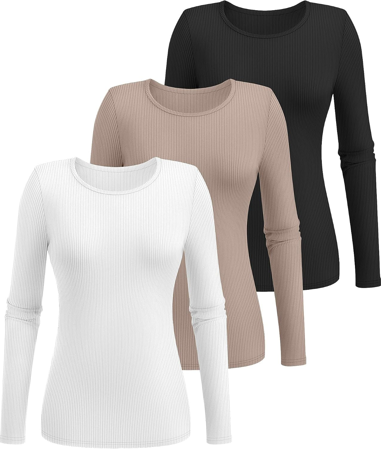 3 Pack Women'S Ribbed Long Sleeve Tops, Crew Neck Slim Fit Undershirts Knit Basic Casual Stretch Layering Tee Shirts