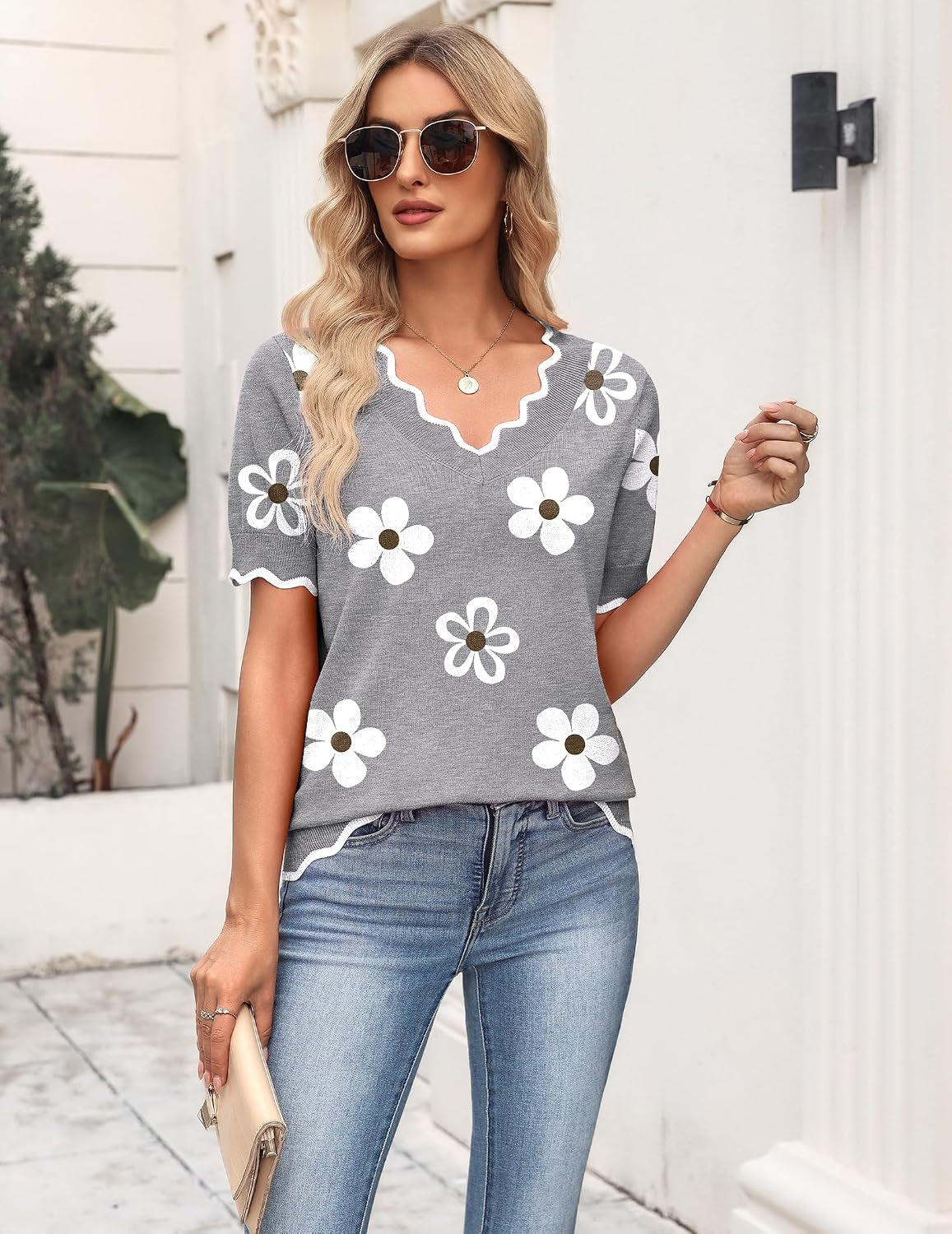 Women'S Short Sleeve Sweater 2026 Spring Summer V Neck Lightweight Tops Dressy Blouses Business Casual Outfits