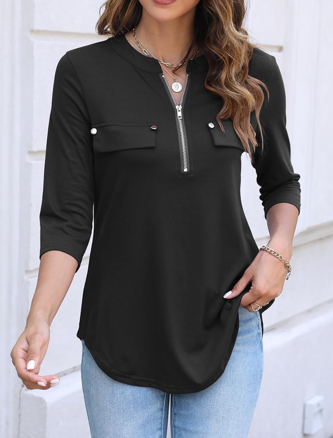Women'S 3/4 Length Sleeve V Neck Zip Flowy Dressy Casual Tops Blouse