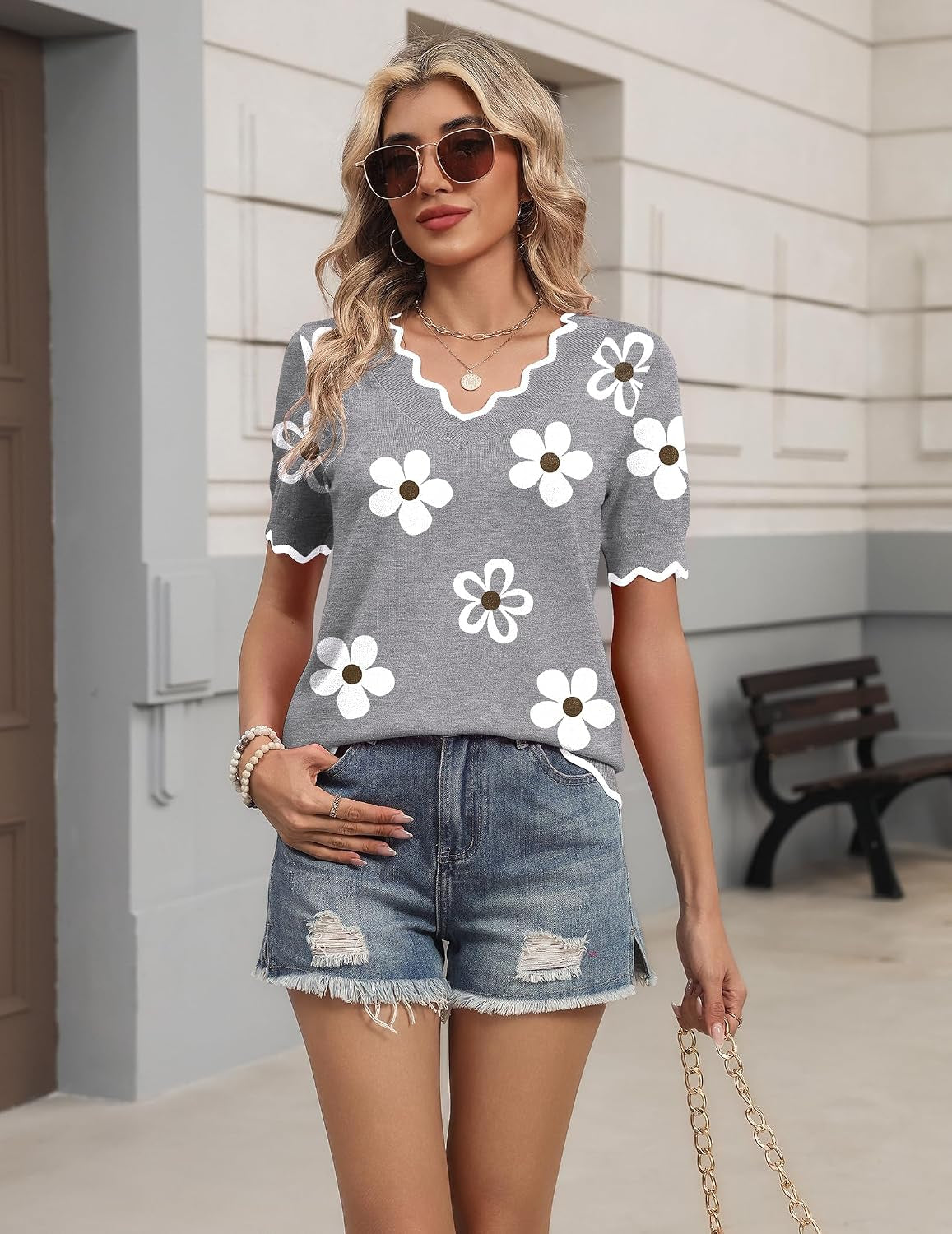Women'S Short Sleeve Sweater 2026 Spring Summer V Neck Lightweight Tops Dressy Blouses Business Casual Outfits