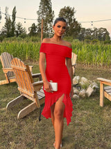 Women'S Sexy Bodycon off the Shoulder Party Midi Dress | Elegant Ruched Mesh Ruffle Cocktail Dress