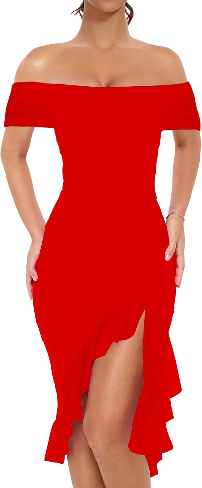 Women'S Sexy Bodycon off the Shoulder Party Midi Dress | Elegant Ruched Mesh Ruffle Cocktail Dress