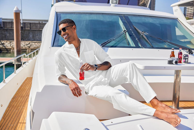 Men'S 2 Piece Cotton Sets Casual Long Sleeve Cuban Henley Shirt and Loose Pants Set Beach Vacation Outfits