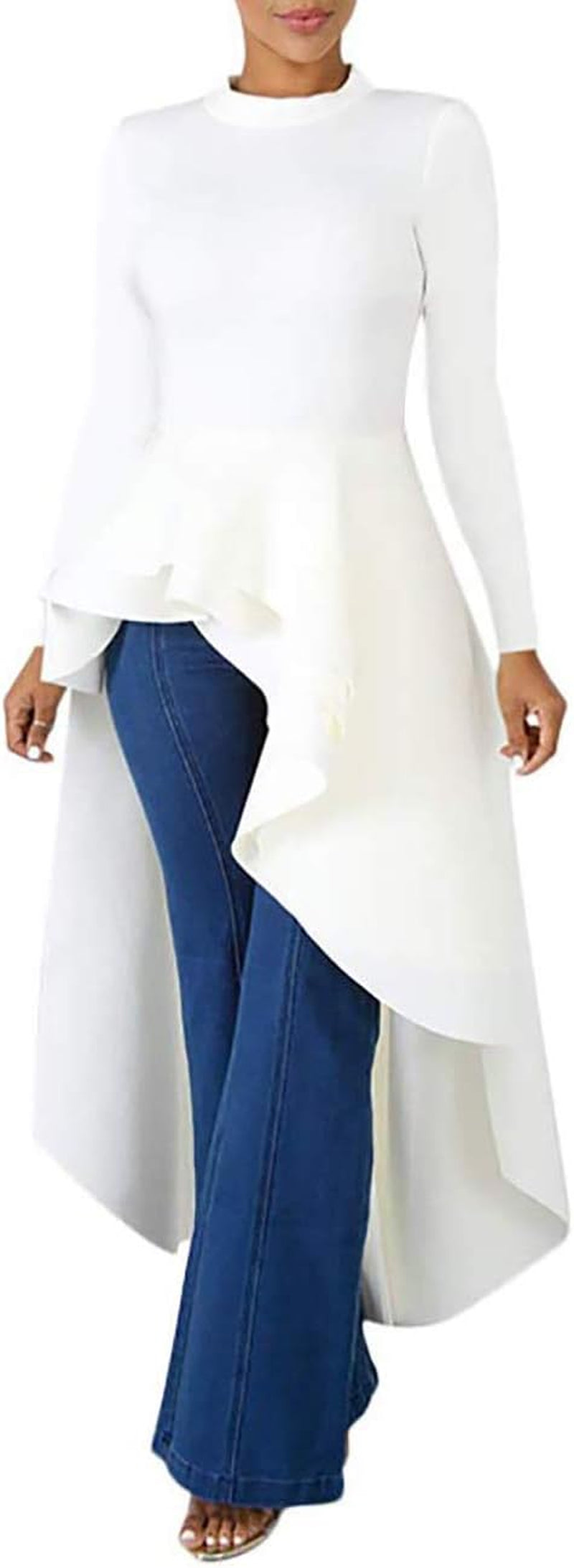Women Ruffle High Low Asymmetrical Long Sleeve Peplum Tops Blouse Shirt Dress