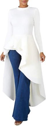 Women Ruffle High Low Asymmetrical Long Sleeve Peplum Tops Blouse Shirt Dress