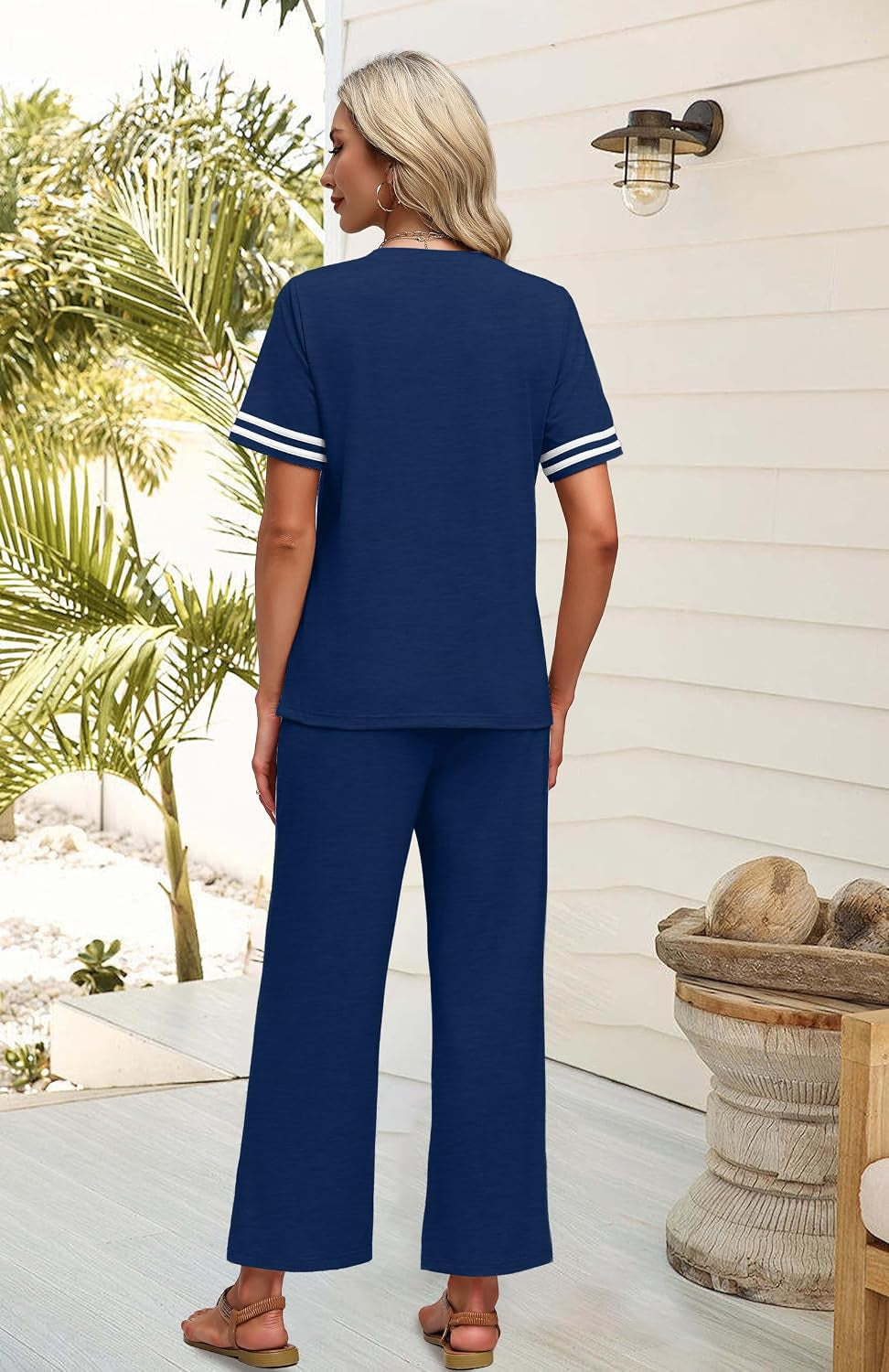 Two Piece Sets for Women Summer Outfits Lounge Sets Short Sleeve Tops Wide Leg Pants Vacation Travel Outfits