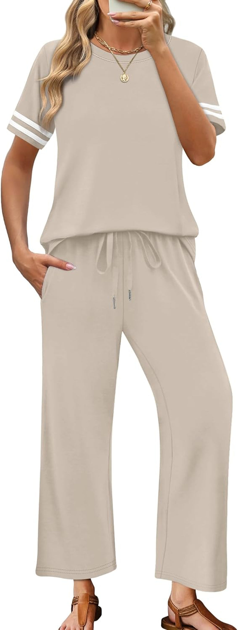 Two Piece Sets for Women Summer Outfits Lounge Sets Short Sleeve Tops Wide Leg Pants Vacation Travel Outfits