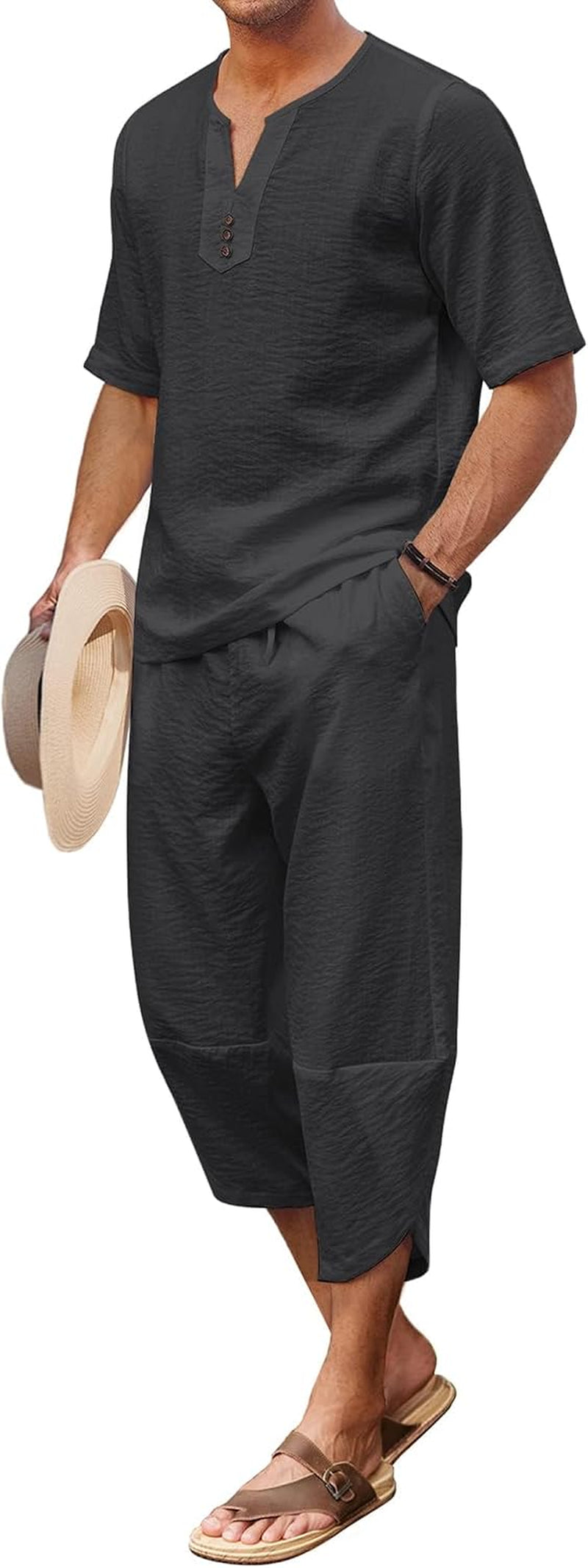 Men'S 2 Pieces Linen Set Henley Shirt Short Sleeve and Harem Capri Pants Wide Leg Baggy Beach Yoga Trousers Outfits
