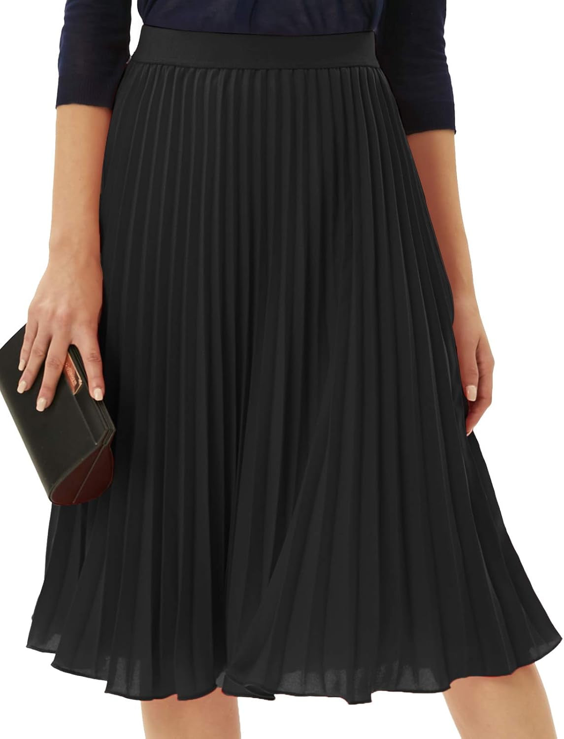 Pleated Midi Skirt for Women,Chiffon Elastic High Waist Knee Length Skirts,Swing Flare A-Line Outfits