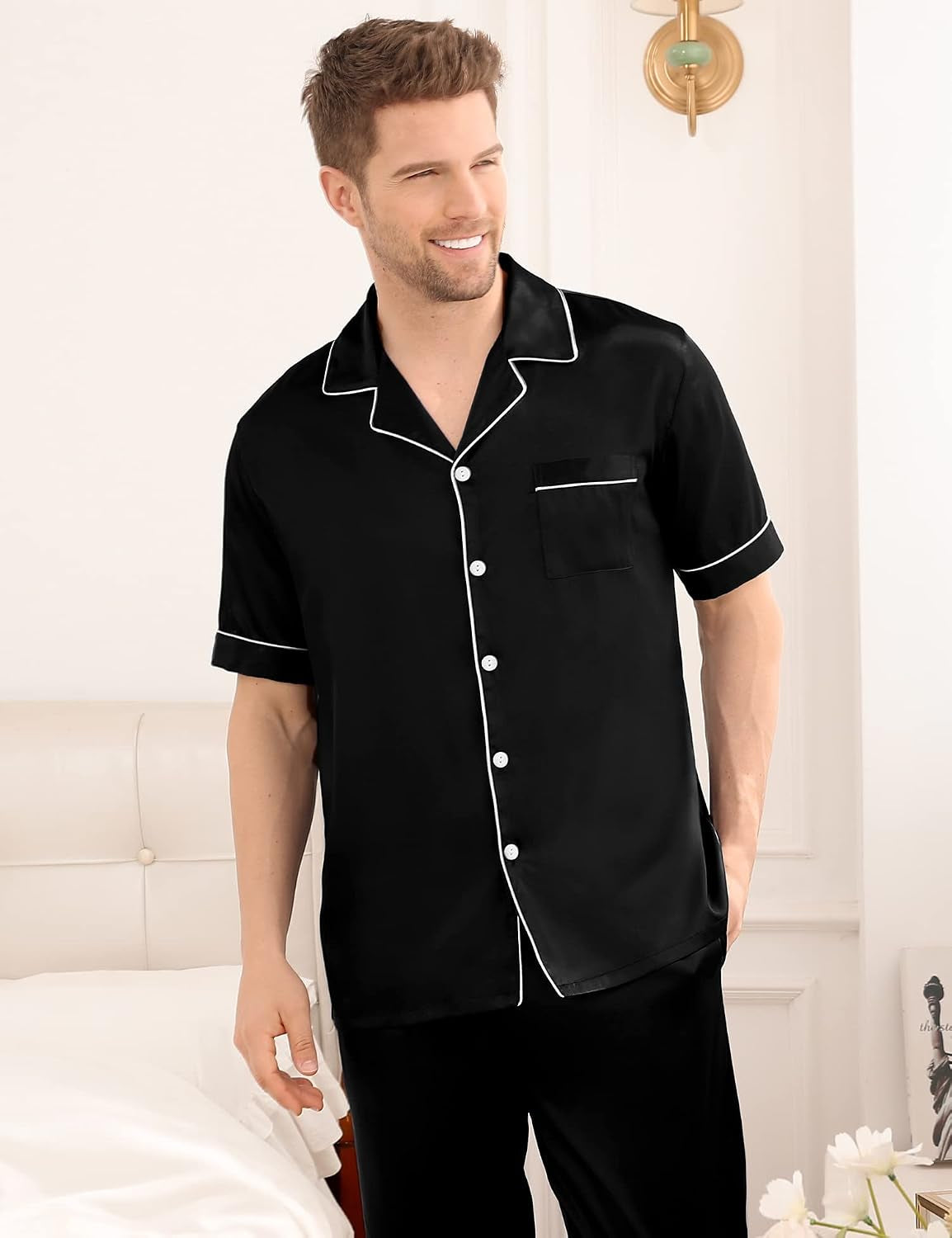 Mens Satin Pajama Set Short Sleeve Classic Sleepwear Button down Silky Loungewear with Long Pants