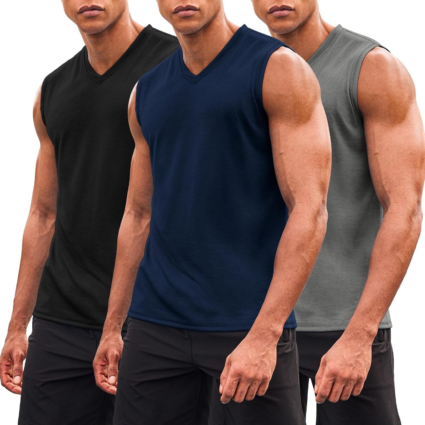 Men'S 3 Pack Workout Tank Tops Gym Sleeveless Shirts V Neck Bodybuilding Muscle Tee Shirt