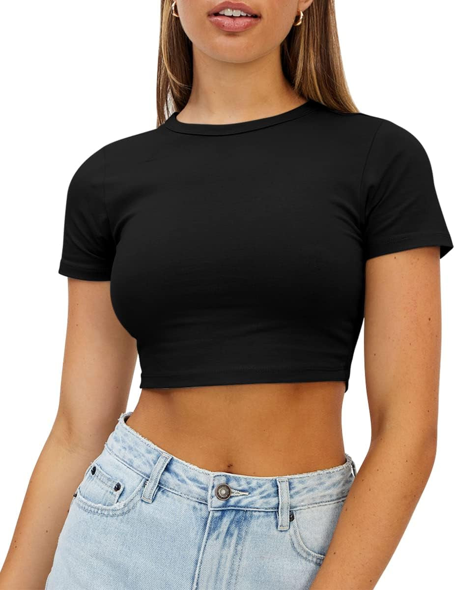 Womens Crop Tops Cute Summer Crew Neck Basic Tees Slim Fit Trendy Short Sleeve T Shirts for Teen Girls 2026