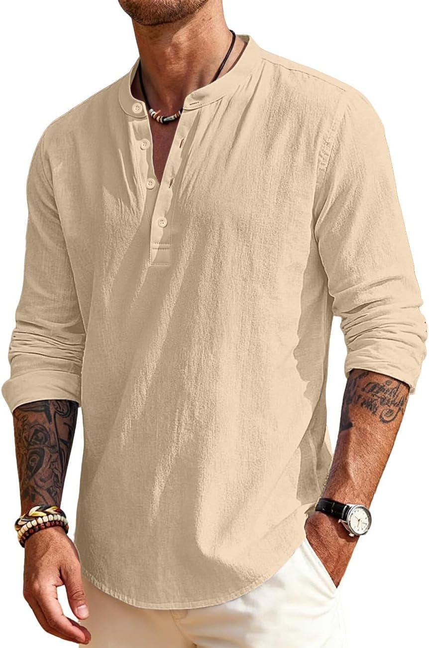Men'S Linen Shirts Henley T-Shirts Long Sleeve Casual Beach T-Shirts Solid Tops Shirts for Men