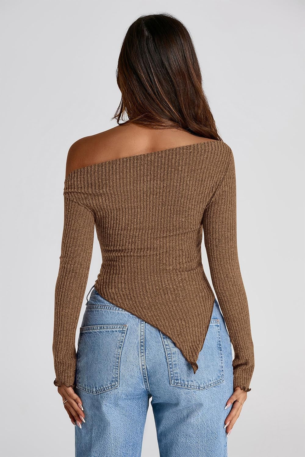 Women'S Spring Long Sleeve Y2K Crop Top Trendy off Shoulder Asymmetrical Fitted Knit Tee Shirts Going Out Tops