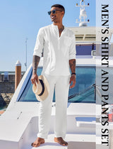 Men'S 2 Piece Cotton Sets Casual Long Sleeve Cuban Henley Shirt and Loose Pants Set Beach Vacation Outfits