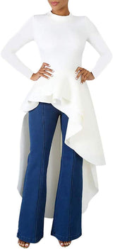 Women Ruffle High Low Asymmetrical Long Sleeve Peplum Tops Blouse Shirt Dress