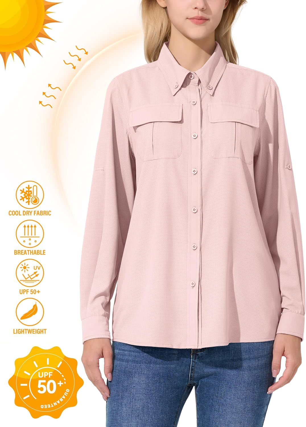 Womens UPF 50 Sun Protection Shirts Fishing Shirts Quick Dry Roll-Up Sleeves Safari Shirts