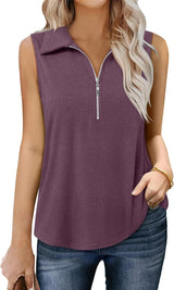 Womens Ribbed Tank Top Zipper V Neck Dressy Casual Blouses Sleeveless Camisole Tops Work Tank Polo Shirts