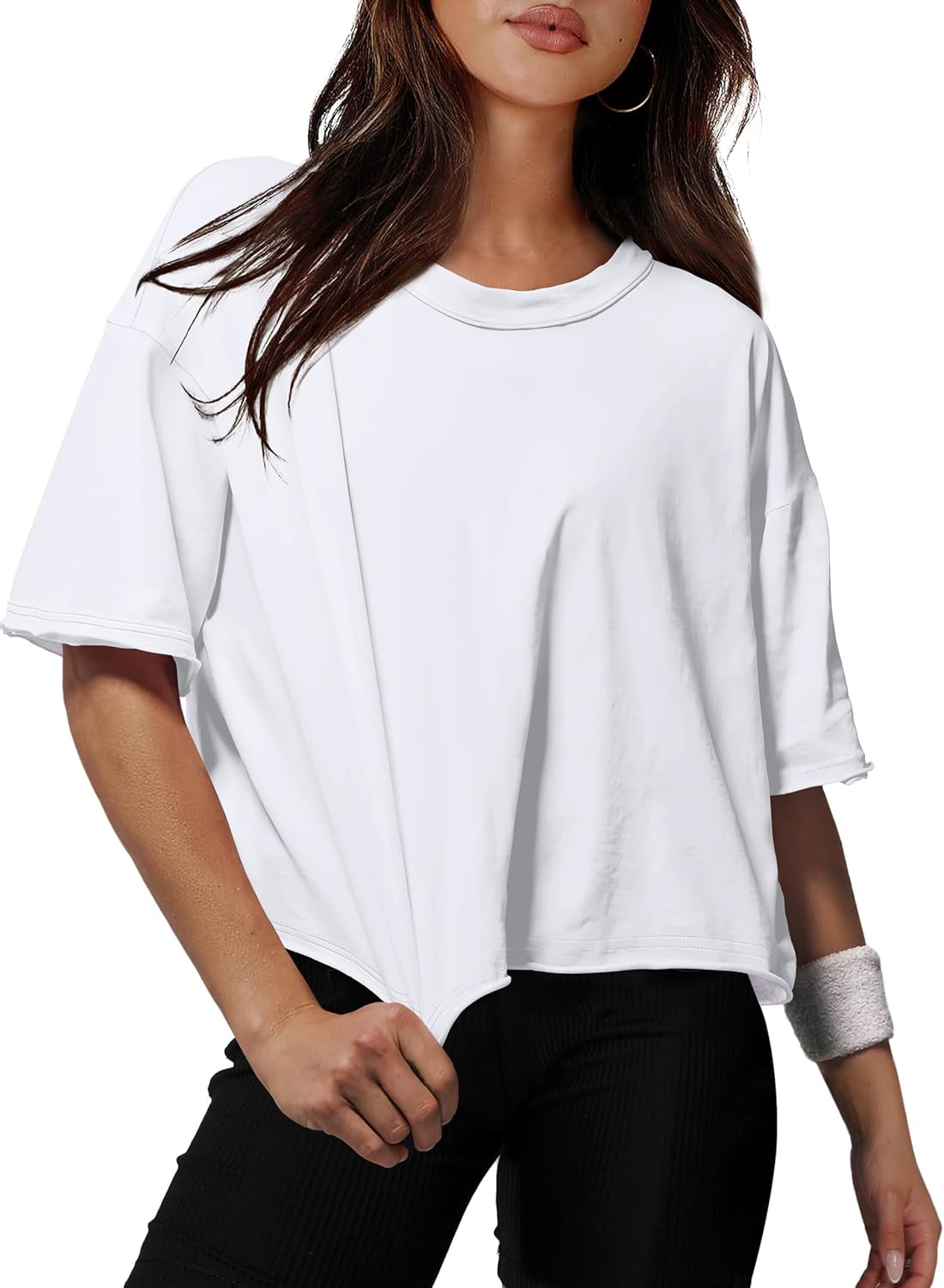 Cotton Tshirts for Women Drop Shoulder round Neck Oversized Crop Tops Workout Tops Tees