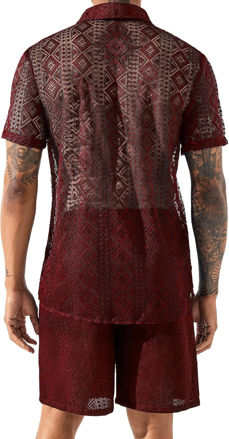 Men Summer Casual Short Sets Lace Short Sleeve Button down Shirt Elastic Waist Shorts 2 Piece Outfits Tracksuit