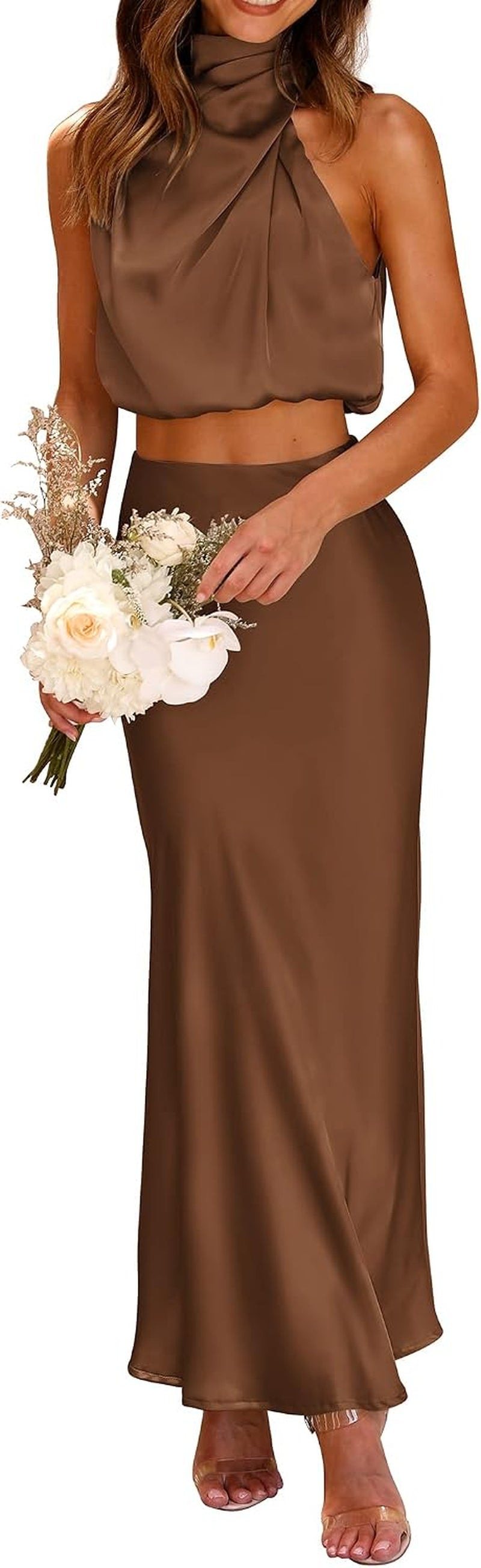 Women'S 2 Piece Satin Outfits Summer Sleeveless Mock Neck Crop Tops and Long Skirt Dress Sets