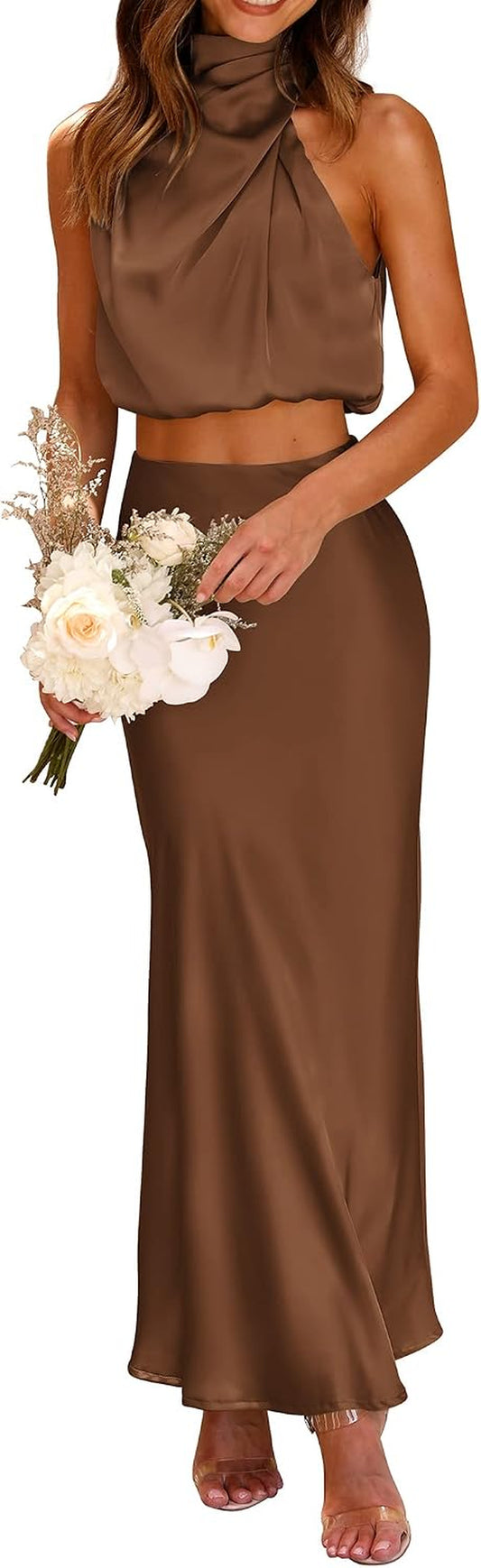 Women'S 2 Piece Satin Outfits Summer Sleeveless Mock Neck Crop Tops and Long Skirt Dress Sets