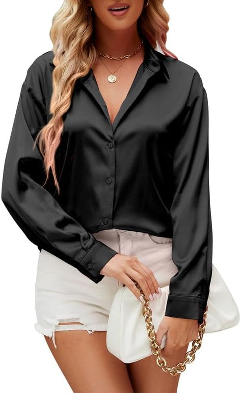 Satin Silk Button down Shirts for Women Dress Shirts Long Sleeve Blouses Womens Shirts